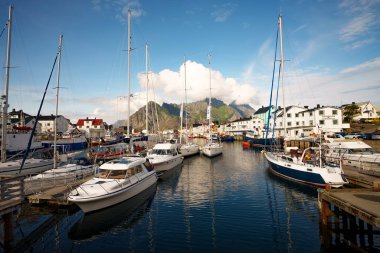Açık bir gökyüzünün altında muhteşem dağları olan sayısız teknenin yer aldığı güzel bir marina.