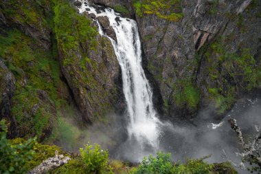 Büyüleyici bir şelale, yemyeşil ve görkemli kayalıklarla çevrili sisli bir havuza dökülüyor.
