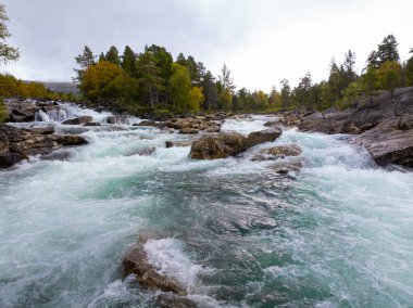 Ağaçlarla çerçevelenmiş düz kayaların ve bulutlu bir gökyüzü altında canlı sonbahar renklerinin üzerinde pitoresk bir nehir taşar.