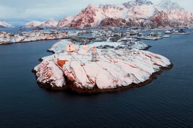 Göz kamaştırıcı bir hava fotoğrafı, sakin sularla çevrili karlı bir ada manzarasını yakalar.
