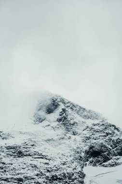 Görkemli, karla kaplı dağ zirvesi sislerle kaplanmış inanılmaz, sakin bir kış manzarası.