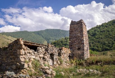 Rusya 'nın Kuzey Osetya-Alanya cumhuriyetindeki Fiagdon vadisindeki ormanlık dağların önündeki geleneksel Osetya aile kulesi..