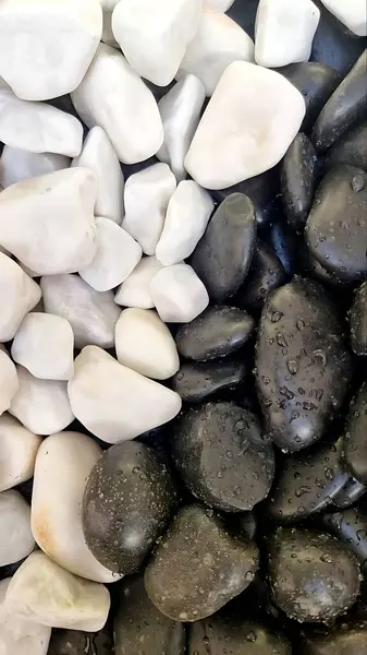 Siyah ve beyaz çakıl taşlarının zıtlaşması ve koyu taşların üzerine su damlacıkları. Kompozisyon dokuyu, dengeyi ve minimalizmi vurguluyor.