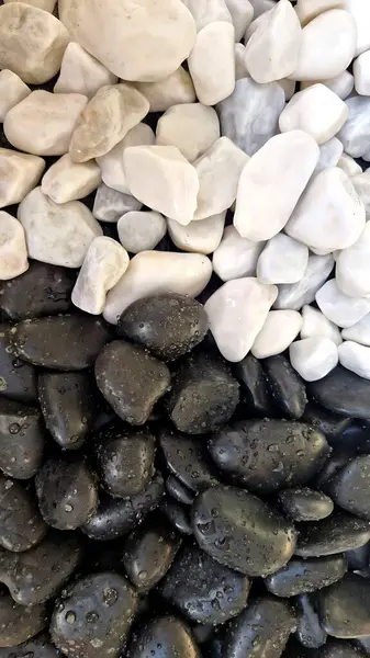 Siyah ve beyaz çakıl taşlarının zıtlaşması ve koyu taşların üzerine su damlacıkları. Kompozisyon dokuyu, dengeyi ve minimalizmi vurguluyor.