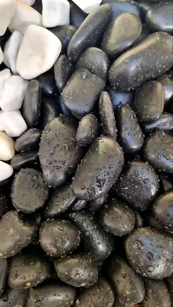 Siyah ve beyaz çakıl taşlarının zıtlaşması ve koyu taşların üzerine su damlacıkları. Kompozisyon dokuyu, dengeyi ve minimalizmi vurguluyor.