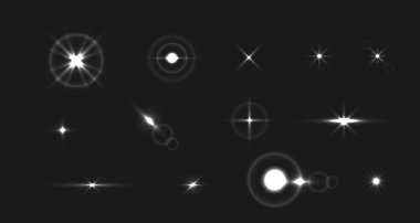 Parlak, güzel efekt yıldızları. Özel ışık efektiyle parıldayan parıltılar. Şeffaf bir arkaplanda vektör parıldıyor. yüksek kaliteli resimler yapmak için ekran karıştırma kipi.