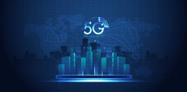 Bina arasında bilgisayar ağı bağlantısı olan 5G teknolojisi. Bağlantı ve küresel ağ sistemleri ve nesnelerin internet konsepti. vektör tasarımı.