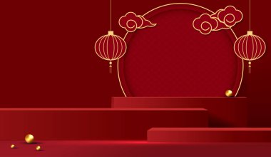 Çin 'in yeni yılı ve festivalleri için podyum sahnesi tarzı Çin tarzı veya sonbahar ortası kırmızı arka planlı festival. Sahneyi şenlikli fenerler ve bulutlarla süsleyin. vektör tasarımı.