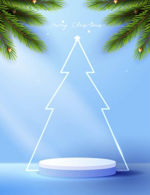 Noel ya da Yeni Yıl için kozmetik ürünler sergisi için podyum şekli. Kırmızı arka planda ağaç Noel 'i ile ürün gösterisi yapın. vektör tasarımı.