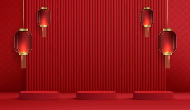 Podium stage chinese style for chinese new year and festivals or mid autumn festival with red background. mock up stage with festive lanterns and clouds. vector design. clipart