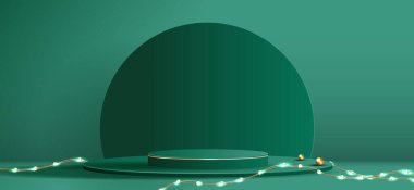 Noel ya da Yeni Yıl için kozmetik ürünler sergisi için podyum şekli. Yeşil arka planda ağaç Noel 'i ile ürün gösterisi yapın. vektör tasarımı.