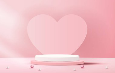Pink podium display background products for valentines day in love platform. stand to show cosmetic with craft style. symbols of love for happy. vector design