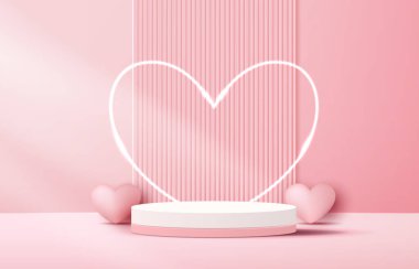 Pink podium display background products for valentines day in love platform. stand to show cosmetic with craft style. symbols of love for happy. vector design