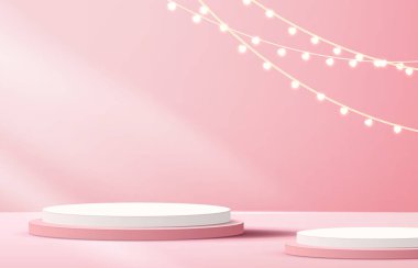 Pink podium display background products for valentines day in love platform. stand to show cosmetic with craft style. symbols of love for happy. vector design