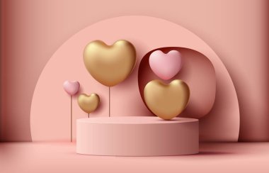 Pink podium display background products for valentines day in love platform. stand to show cosmetic with craft style. symbols of love for happy. vector design