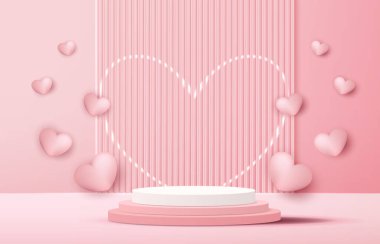 Pink podium display background products for valentines day in love platform. stand to show cosmetic with craft style. symbols of love for happy. vector design