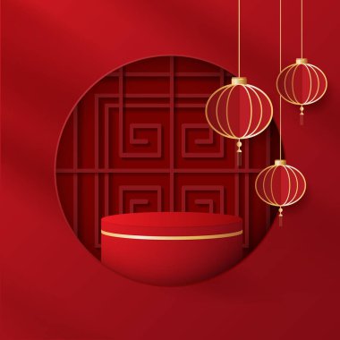 Çin 'in yeni yılı ve festivalleri için podyum sahnesi tarzı Çin tarzı veya sonbahar ortası kırmızı arka planlı festival. Sahneyi şenlikli fenerler ve bulutlarla süsleyin. vektör tasarımı.