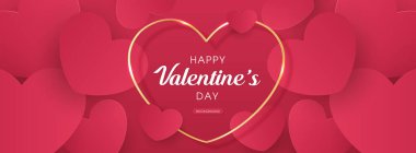 Happy Valentine's day poster or banner template. beautiful paper cut with hearts on pink background. place for text. vector design.