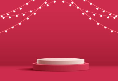 Kalp şeklindeki ışıklandırmayla süslenmiş Sevgililer Günü ve sahne podyumu kutlu olsun. Ürün, kozmetik, reklam, gösteri ve ödül töreniyle pembe arka planda kaide sahnesi. vektör tasarımı.