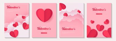 Valentine's day posters or banner set with pink sky and paper cut clouds, heart. place for text. holiday banners, web, poster, flyers, voucher template, brochures and greeting cards. vector design.