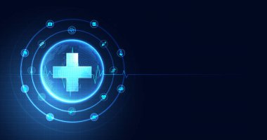 Healthcare medical science healthcare icon digital technology world concept modern business innovation, treatment, medicine. abstract about hi tech future blue background and medical research. vector.