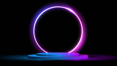 Podium or stand with line gradient neon in Sci-fi. abstract scene with pink and blue neon frame. vector rendering product display. futuristic minimal scene. vector design.