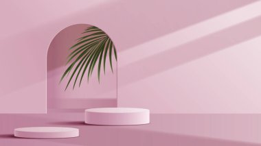 Minimum kozmetik pembe arka plan ve ürün tanıtım sunumu ve ambalaj sunumu için premium podyum. Stüdyo sahnesinin arka planında yaprak var. vektör tasarımı.