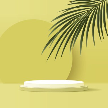 Minimum kozmetik sarı arkaplan ve ürün tanıtım sunumu ve paketleme sunumu için premium podyum. Stüdyo sahnesinin arka planında yaprak var. vektör tasarımı.