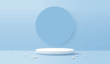 Ürün sunumu, markalaşma ve paketleme sunumu için Mutlu Paskalya mavisi arka plan ve kağıt sanat podyumu. Yumurta ve tavşan arkaplanlı stüdyo sahnesi. vektör tasarımı.