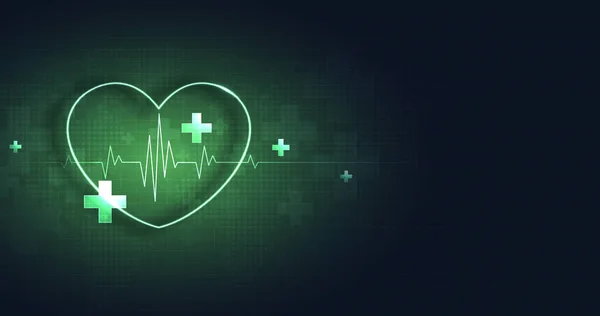有绿色心肺脉动的保健心脏形状 孤独的心跳 医学抽象的背景 现代的简单设计 标志或标志 矢量设计 — 图库矢量图片