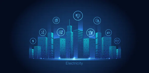 Símbolo Energía Eléctrica Letrero Rayo Con Iconos Brillantes Concepto Energía — Vector de stock