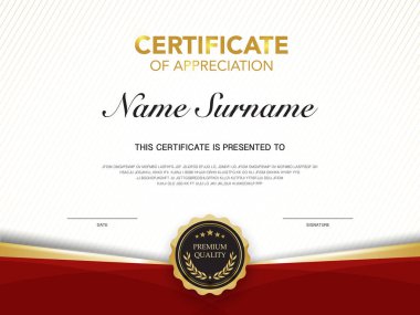 Diploma sertifikası şablonu lüks ve modern stil vektör görüntüsü Premium Vektörü ile kırmızı ve altın rengi.
