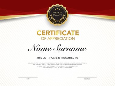 Diploma sertifikası şablonu lüks ve modern stil vektör görüntüsü Premium Vektörü ile kırmızı ve altın rengi.