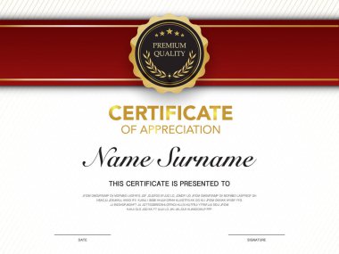 Diploma sertifikası şablonu lüks ve modern stil vektör görüntüsü Premium Vektörü ile kırmızı ve altın rengi.