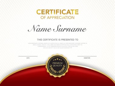 Diploma sertifikası şablonu lüks ve modern stil vektör görüntüsü Premium Vektörü ile kırmızı ve altın rengi.