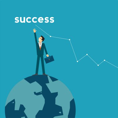 İş adamı çizgi film karakteri yeryüzünde duruyor ve başarıya ulaşmaya çalışıyor. İş başarısı için hedefler. Çaba, kararlılık ve başarı konsepti.