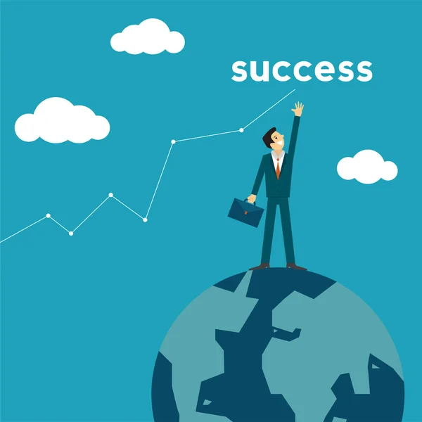 Businessman Cartoon Character Standing Earth Reaching Success Goals Business Success — Stock Vector