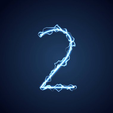 Mavi yıldırım tarzı harf veya alfabe 2 yıldırım ve şimşek ya da elektrikli yazı tipi, mavi arka planda parıltı ve ışıltı etkisi. vektör tasarımı.