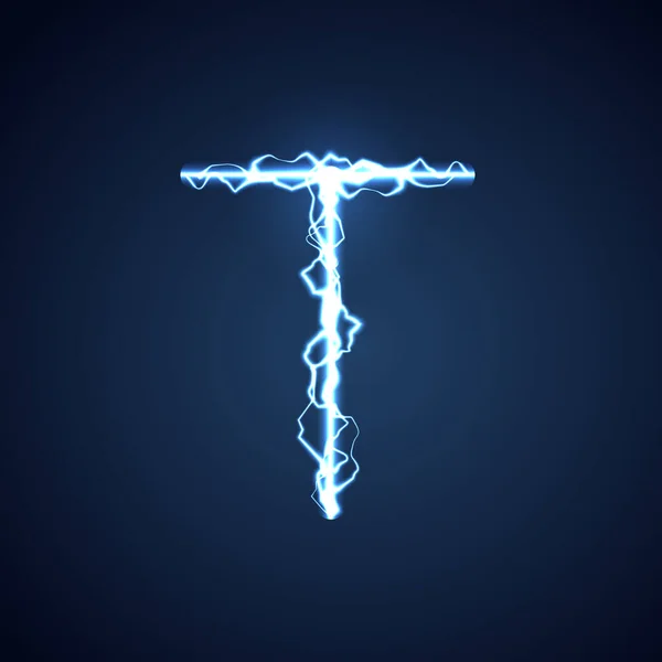 蓝色闪电型字母或字母T 闪电和闪电或电动字体 在蓝色背景上发光发光效果 矢量设计 — 图库矢量图片