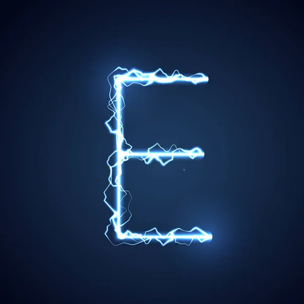 蓝色闪电型字母或字母表E 闪电和闪电或电动字体 在蓝色背景上发光发光效果 矢量设计 — 图库矢量图片