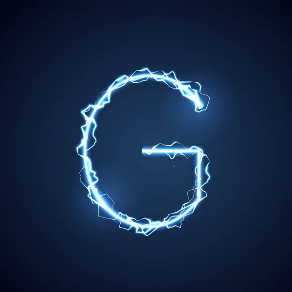 蓝色闪电型字母或字母表G 闪电和闪电或电动字体 在蓝色背景下发光发光效果 矢量设计 — 图库矢量图片