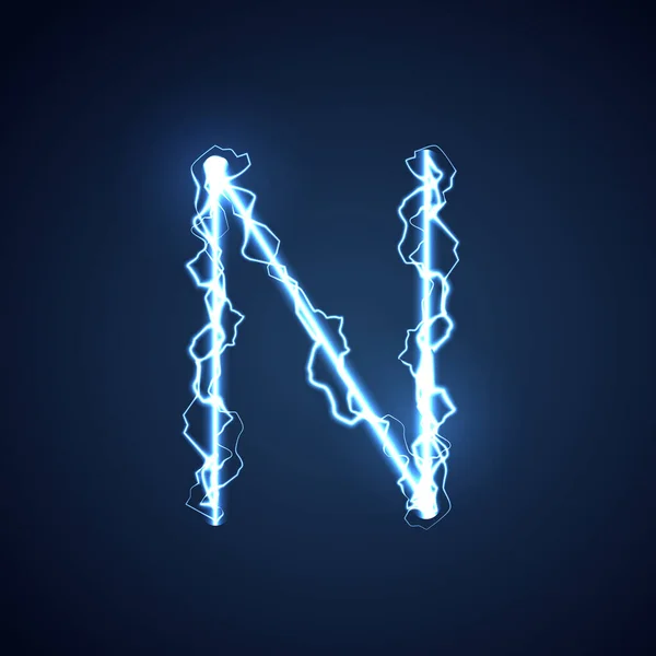 蓝色闪电型字母或字母N 闪电和闪电或电动字体 在蓝色背景上发光发光效果 矢量设计 — 图库矢量图片