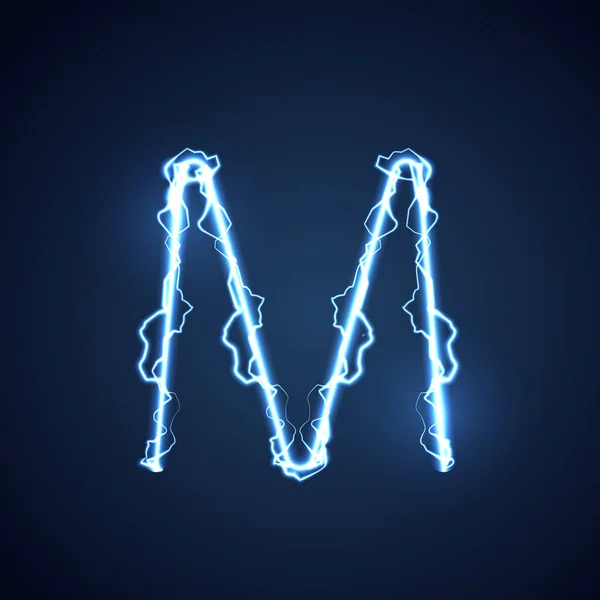 蓝色闪电型字母或字母表M闪电和闪电或电动字体 在蓝色背景上发光发光效果 矢量设计 — 图库矢量图片