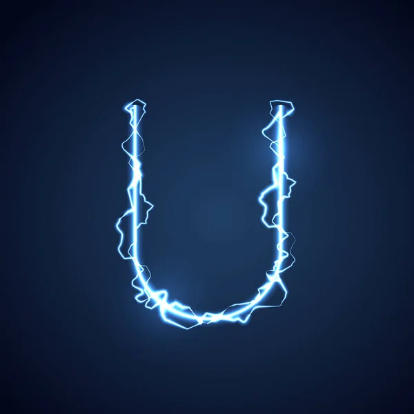 蓝色闪电风格的字母或字母表U闪电和闪电或电动字体 在蓝色背景下发光发光效果 矢量设计 — 图库矢量图片