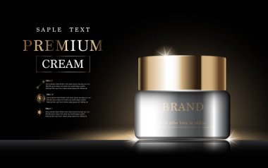 Yıllık indirimli yüz kremi ya da festival satışı için. Işıltılı parçacıkların arka planında izole edilmiş altın serumu maskesi şişesi. Zarif kozmetik reklamları, illüstrasyon.