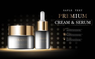 Yıllık satış ya da festival için yüz kremi ve serum. Işıltılı parçacıkların arka planında izole edilmiş altın serumu maskesi şişesi. Zarif kozmetik reklamları, illüstrasyon.