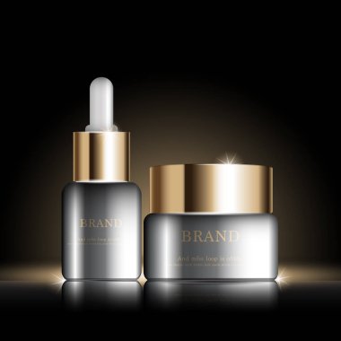 Yıllık satış ya da festival için yüz kremi ve serum. Işıltılı parçacıkların arka planında izole edilmiş altın serumu maskesi şişesi. Zarif kozmetik reklamları, illüstrasyon.