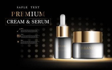 Yıllık satış ya da festival için yüz kremi ve serum. Işıltılı parçacıkların arka planında izole edilmiş altın serumu maskesi şişesi. Zarif kozmetik reklamları, illüstrasyon.