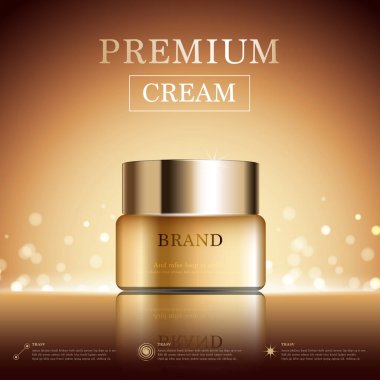 Yıllık indirimli yüz kremi ya da festival satışı için. Işıltılı parçacıkların arka planında izole edilmiş altın serumu maskesi şişesi. Zarif kozmetik reklamları, illüstrasyon.
