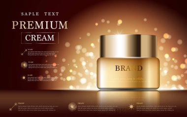 Yıllık indirimli yüz kremi ya da festival satışı için. Işıltılı parçacıkların arka planında izole edilmiş mavi ve altın serumlu maske şişesi. Zarif kozmetik reklamları, illüstrasyon.